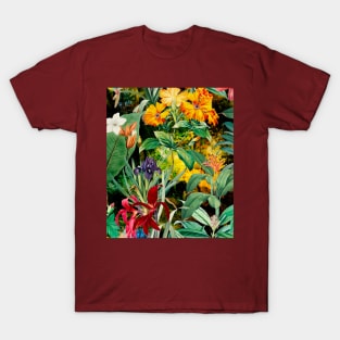 Colorful tropical floral leaves botanical illustration, tropical plants,leaves and flowers, black yellow leaves pattern T-Shirt